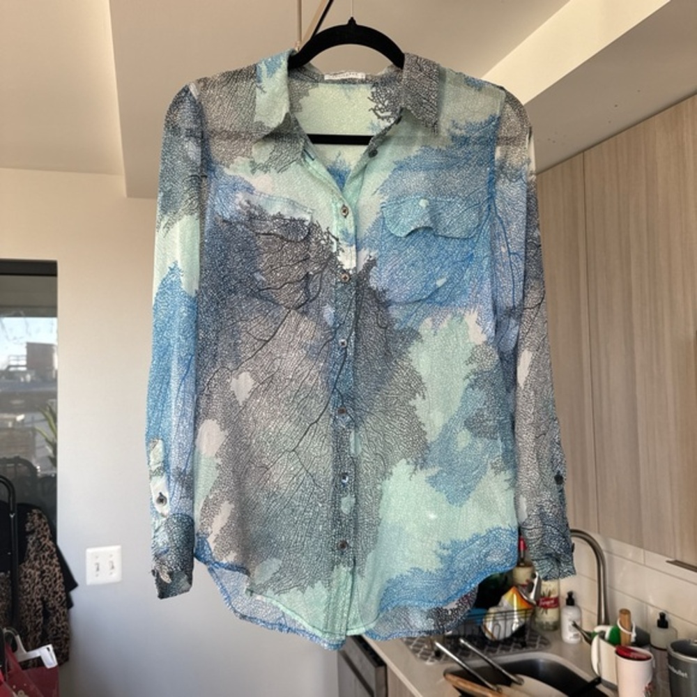 Equipment Sheer Button-Front Blouse in Aqua and Blue